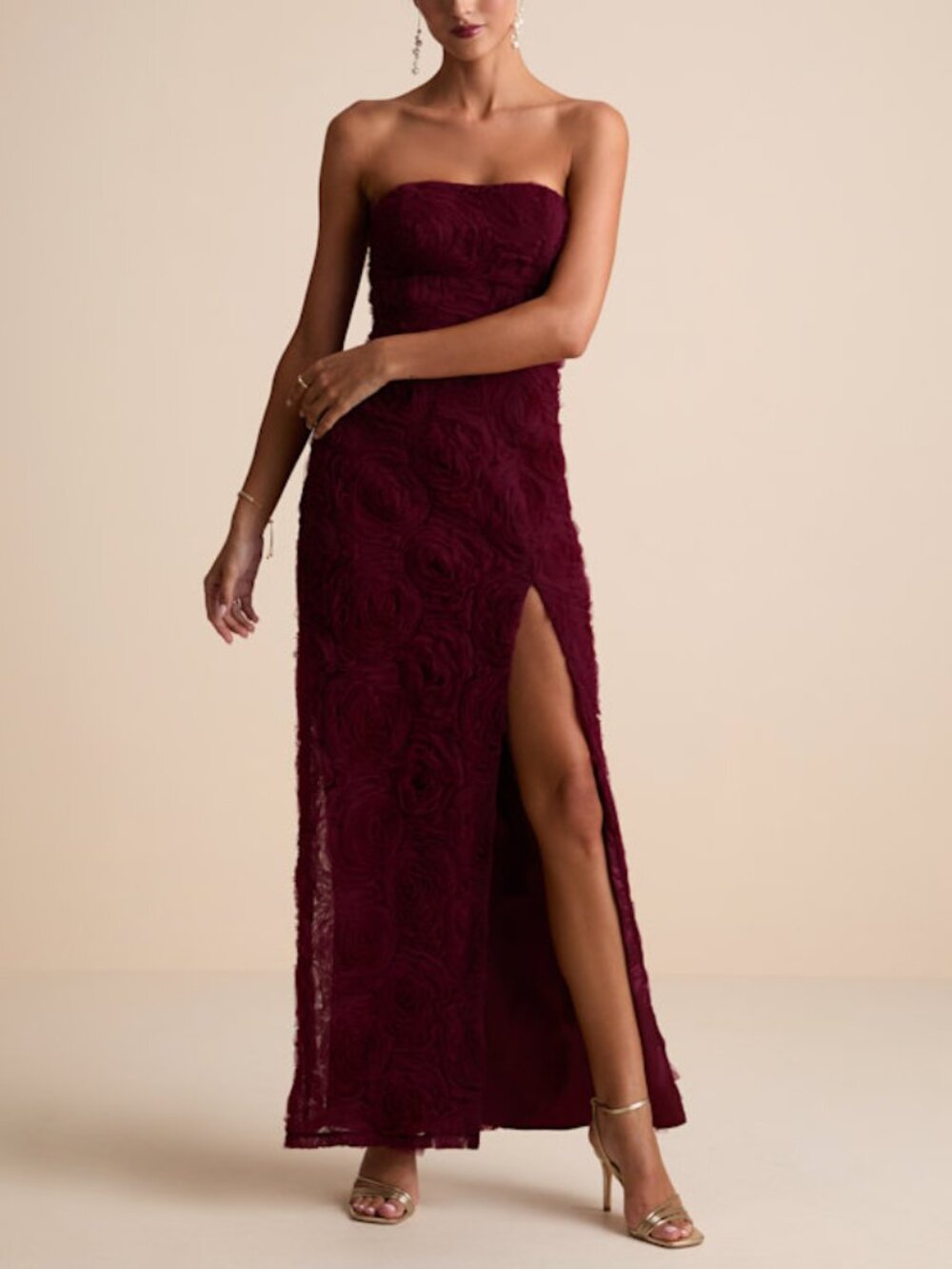Lulus Amalia Burgundy Textured Strapless Maxi Dress - Size L